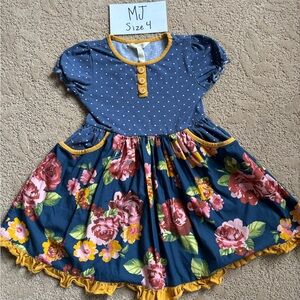 Matilda Jane Navy Floral Ruffle Hem Girls Dress with Mustard Trim - Size 4
